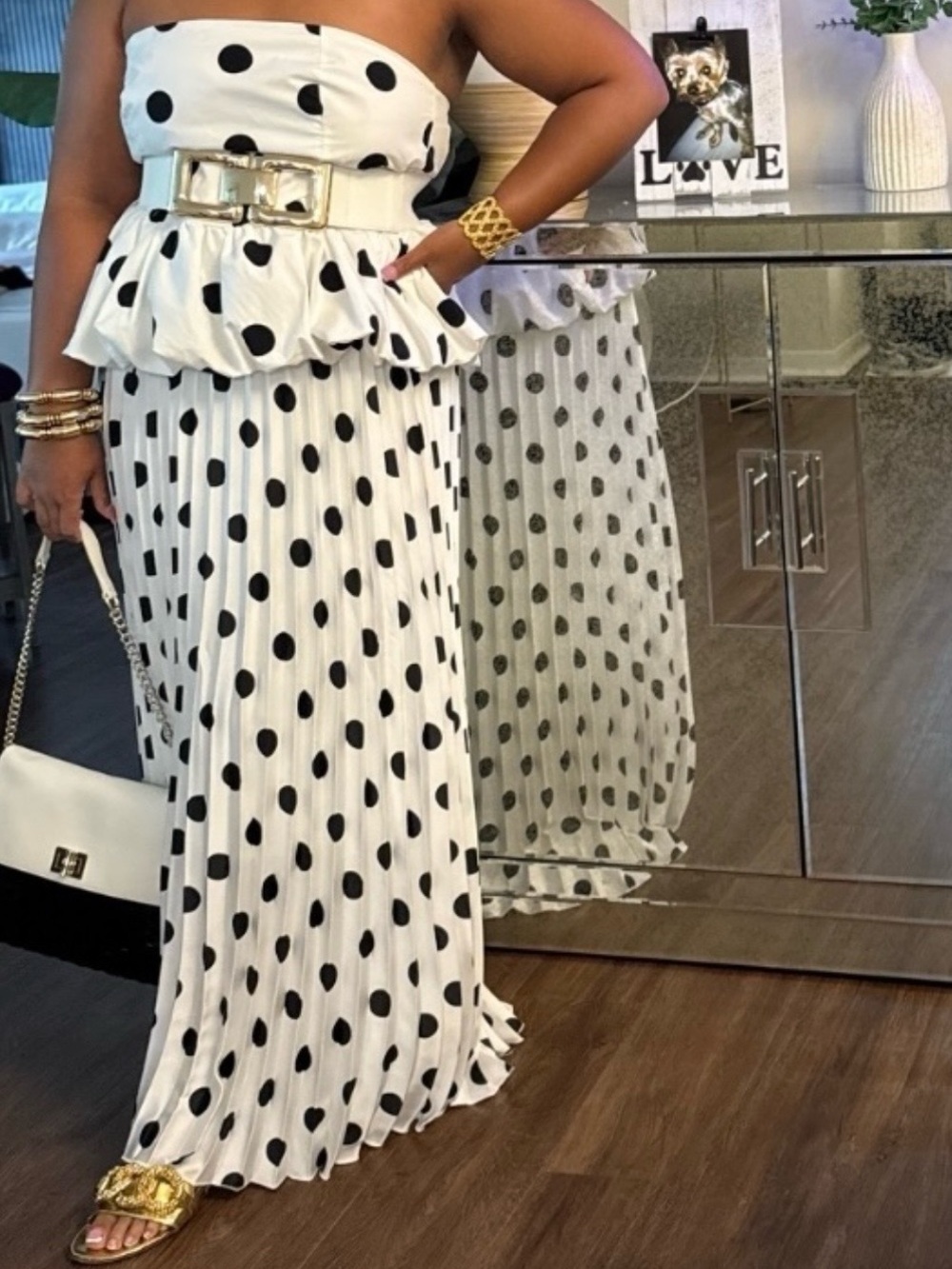 Strapless Black & White Polka Dot Peplum Top and Skirt